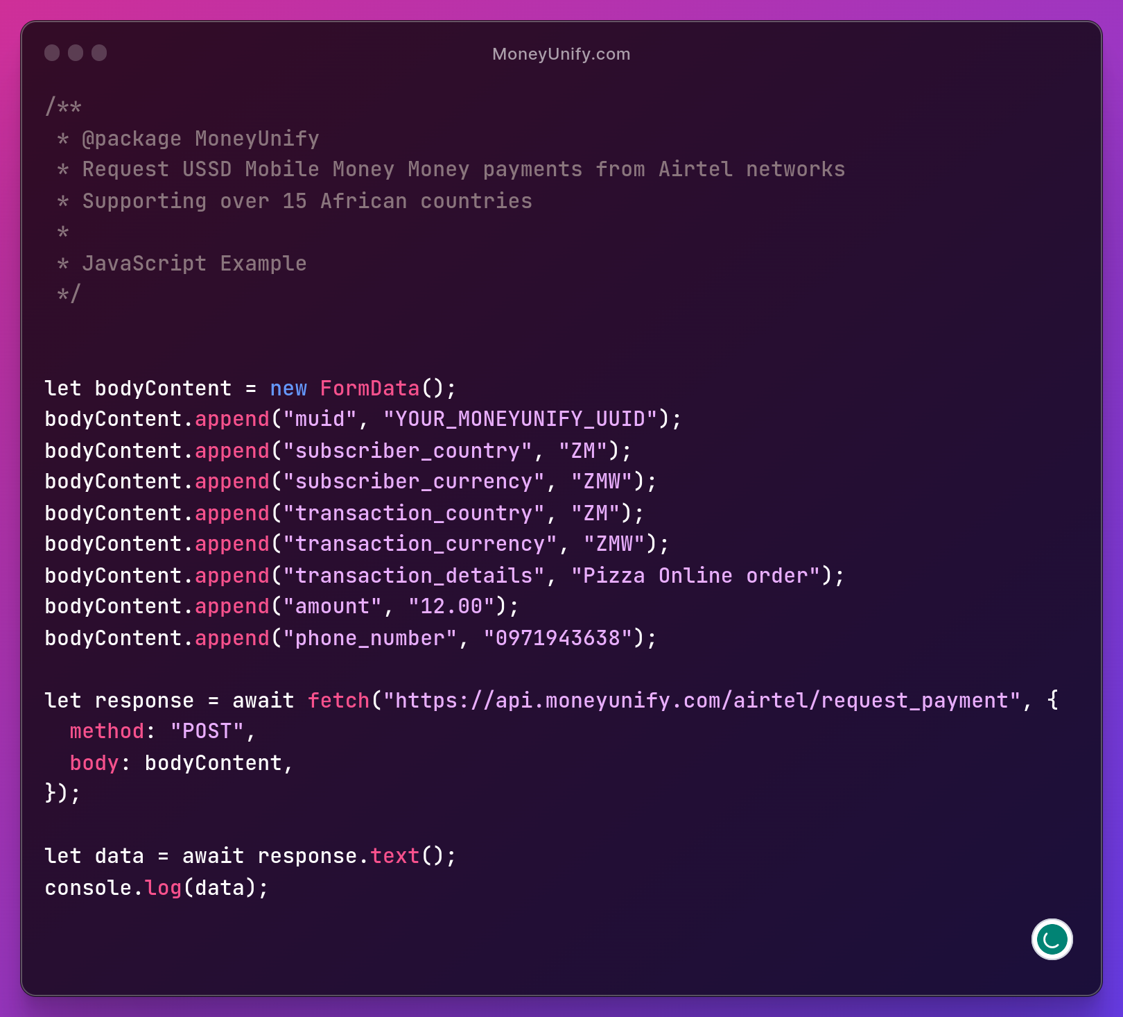 MoneyUnify JS request payment