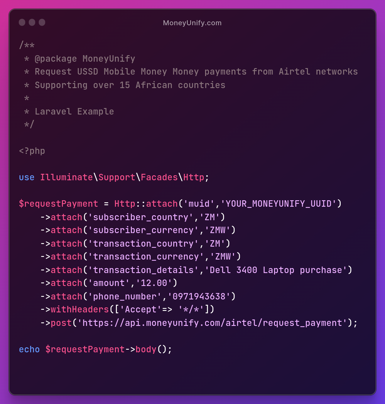 MoneyUnify Laravel request payment