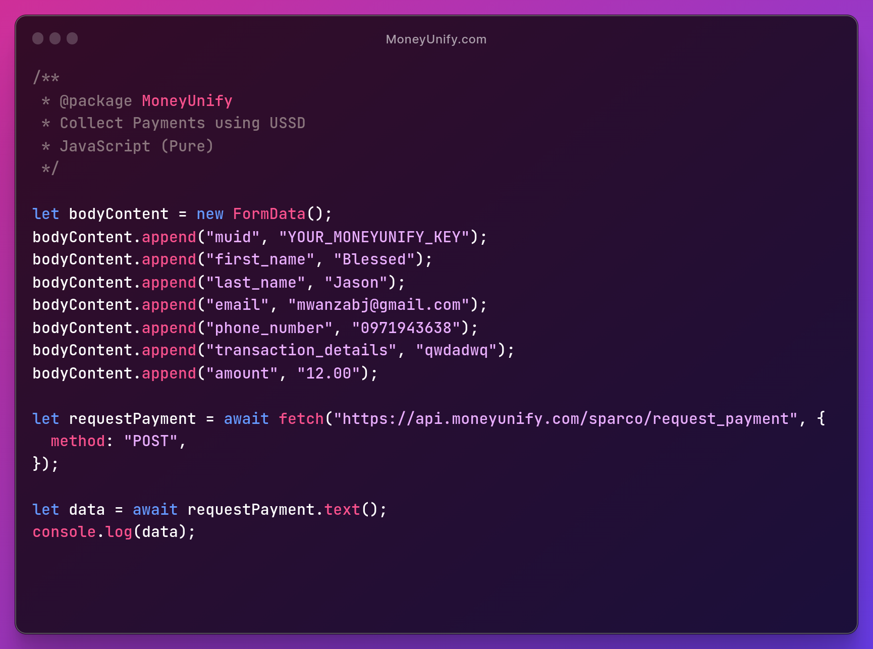MoneyUnify JS request payment from all networks with Sparco
